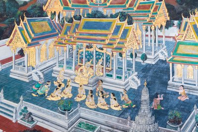 Wat Phra Kaeo, Kraliyet Büyük Sarayı, Bangkok, Tayland'daki Ramayana'dan sahneleri tasvir eden duvar resmi by Thai School