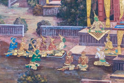 Wat Phra Kaeo, Kraliyet Büyük Sarayı, Bangkok, Tayland'daki Ramayana'dan sahneleri tasvir eden duvar resmi by Thai School