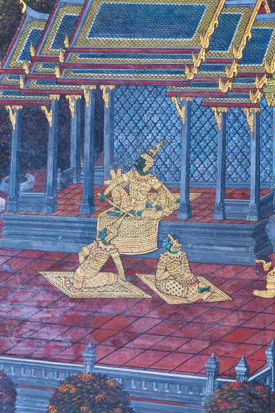 Wat Phra Kaeo, Kraliyet Büyük Sarayı, Bangkok, Tayland'daki Ramayana'dan sahneleri tasvir eden duvar resmi by Thai School