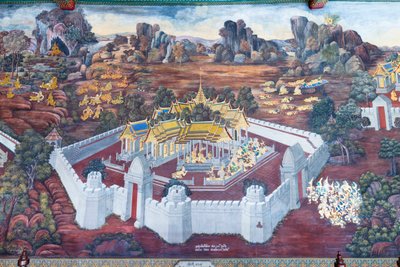 Wat Phra Kaeo, Kraliyet Büyük Sarayı, Bangkok, Tayland'daki Ramayana'dan sahneleri tasvir eden duvar resmi by Thai School