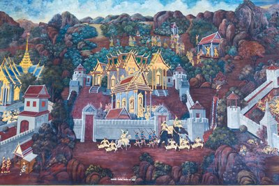 Wat Phra Kaeo, Kraliyet Büyük Sarayı, Bangkok, Tayland'daki Ramayana'dan sahneleri tasvir eden duvar resmi by Thai School