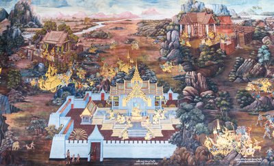 Wat Phra Kaeo, Kraliyet Büyük Sarayı, Bangkok, Tayland'daki Ramayana'dan sahneleri tasvir eden duvar resmi by Thai School