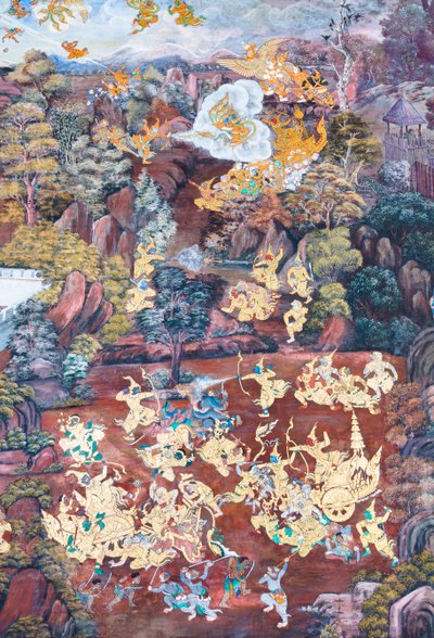 Wat Phra Kaeo, Kraliyet Büyük Sarayı, Bangkok, Tayland'daki Ramayana'dan sahneleri tasvir eden duvar resmi by Thai School