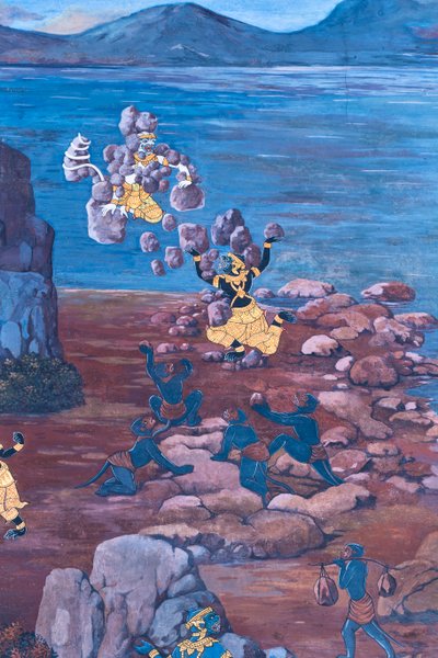 Wat Phra Kaeo, Kraliyet Büyük Sarayı, Bangkok, Tayland'daki Ramayana'dan sahneleri tasvir eden duvar resmi by Thai School