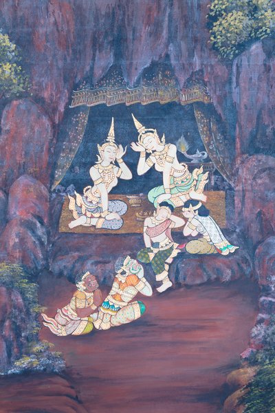 Wat Phra Kaeo, Kraliyet Büyük Sarayı, Bangkok, Tayland'daki Ramayana'dan sahneleri tasvir eden duvar resmi by Thai School