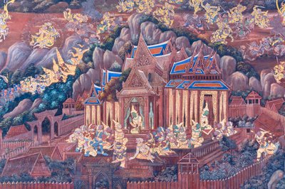 Wat Phra Kaeo, Kraliyet Büyük Sarayı, Bangkok, Tayland'daki Ramayana'dan sahneleri tasvir eden duvar resmi by Thai School
