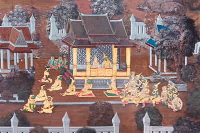 Wat Phra Kaeo, Kraliyet Büyük Sarayı, Bangkok, Tayland'daki Ramayana'dan sahneleri tasvir eden duvar resmi by Thai School