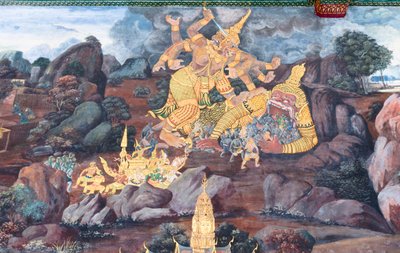Wat Phra Kaeo, Kraliyet Büyük Sarayı, Bangkok, Tayland'daki Ramayana'dan sahneleri tasvir eden duvar resmi by Thai School