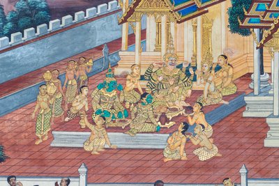 Wat Phra Kaeo, Kraliyet Büyük Sarayı, Bangkok, Tayland'daki Ramayana'dan sahneleri tasvir eden duvar resmi by Thai School