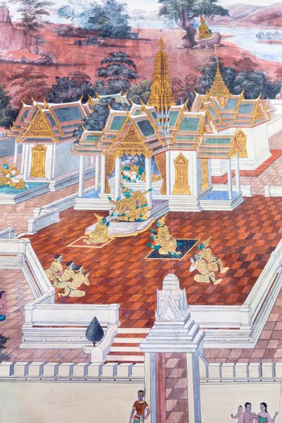 Wat Phra Kaeo, Kraliyet Büyük Sarayı, Bangkok, Tayland'daki Ramayana'dan sahneleri tasvir eden duvar resmi by Thai School