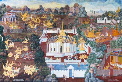 Wat Phra Kaeo, Kraliyet Büyük Sarayı, Bangkok, Tayland'daki Ramayana'dan sahneleri tasvir eden duvar resmi by Thai School