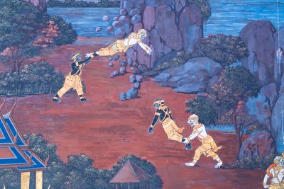 Wat Phra Kaeo, Kraliyet Büyük Sarayı, Bangkok, Tayland'daki Ramayana'dan sahneleri tasvir eden duvar resmi by Thai School
