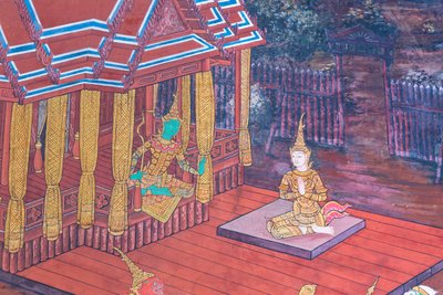 Wat Phra Kaeo, Kraliyet Büyük Sarayı, Bangkok, Tayland'daki Ramayana'dan sahneleri tasvir eden duvar resmi by Thai School