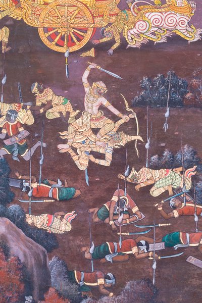 Wat Phra Kaeo, Kraliyet Büyük Sarayı, Bangkok, Tayland'daki Ramayana'dan sahneleri tasvir eden duvar resmi by Thai School