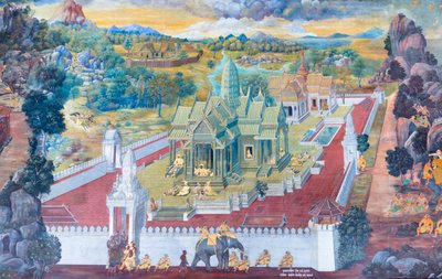 Wat Phra Kaeo, Kraliyet Büyük Sarayı, Bangkok, Tayland'daki Ramayana'dan sahneleri tasvir eden duvar resmi by Thai School