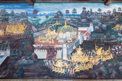 Wat Phra Kaeo, Kraliyet Büyük Sarayı, Bangkok, Tayland'daki Ramayana'dan sahneleri tasvir eden duvar resmi by Thai School