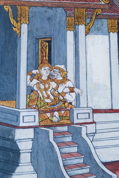 Wat Phra Kaeo, Kraliyet Büyük Sarayı, Bangkok, Tayland'daki Ramayana'dan sahneleri tasvir eden duvar resmi by Thai School
