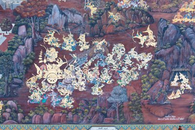 Wat Phra Kaeo, Kraliyet Büyük Sarayı, Bangkok, Tayland'daki Ramayana'dan sahneleri tasvir eden duvar resmi by Thai School