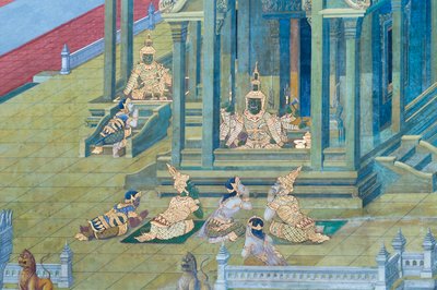 Wat Phra Kaeo, Kraliyet Büyük Sarayı, Bangkok, Tayland'daki Ramayana'dan sahneleri tasvir eden duvar resmi by Thai School