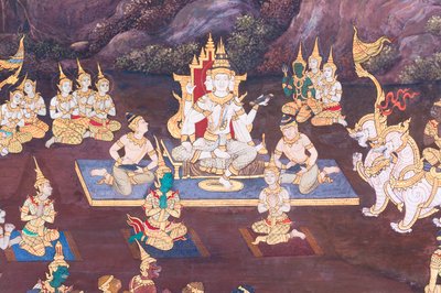 Wat Phra Kaeo, Kraliyet Büyük Sarayı, Bangkok, Tayland'daki Ramayana'dan sahneleri tasvir eden duvar resmi by Thai School