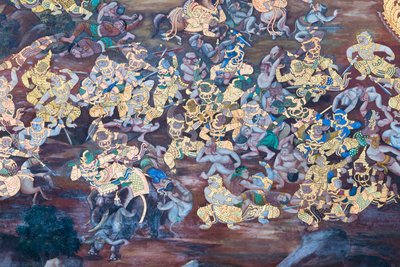 Wat Phra Kaeo, Kraliyet Büyük Sarayı, Bangkok, Tayland'daki Ramayana'dan sahneleri tasvir eden duvar resmi by Thai School