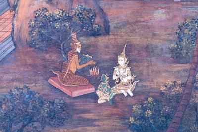 Wat Phra Kaeo, Kraliyet Büyük Sarayı, Bangkok, Tayland'daki Ramayana'dan sahneleri tasvir eden duvar resmi by Thai School