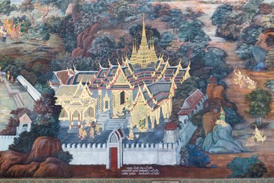 Wat Phra Kaeo, Kraliyet Büyük Sarayı, Bangkok, Tayland'daki Ramayana'dan sahneleri tasvir eden duvar resmi by Thai School
