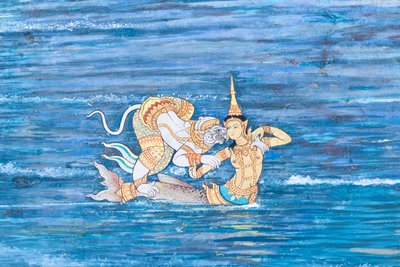Wat Phra Kaeo, Kraliyet Büyük Sarayı, Bangkok, Tayland'daki Ramayana'dan sahneleri tasvir eden duvar resmi by Thai School