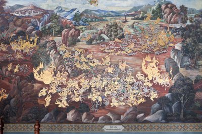 Wat Phra Kaeo, Royal Grand Palace, Bangkok, Tayland'daki Ramakian'dan sahneleri tasvir eden duvar resimleri by Thai School
