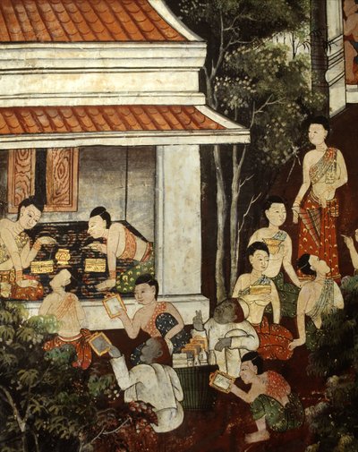 Müslüman tüccarlardan mücevher ve ayna alan saray hanımları, Rattanakosin stili (duvar resmi) by Thai School