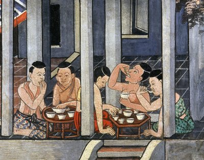 19. yüzyılın ortalarında Kantoke denilen alçak yuvarlak masalarda yemek yiyen insanlar (duvar resmi) by Thai School