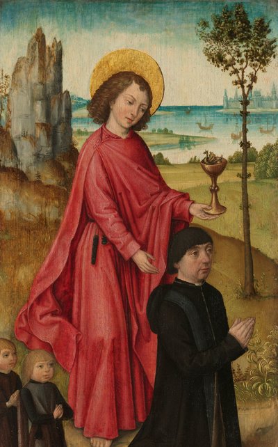 Evangelist Aziz John ile bir Donör ve iki Oğulları, bir triptiğin iç sol kanadı by The (Bruges) Master of the Legend of Saint Ursula (workshop of)