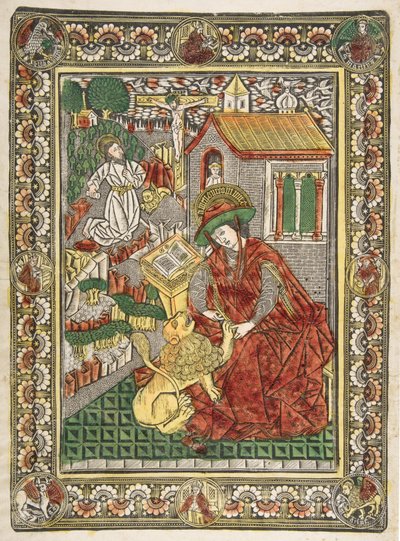 Tövbede Aziz Jerome ve Bir Bilgin Olarak Aslan Pençesinden Diken Çıkarma Sch.., ca. 1470-85. by The Master of the Mountainlike Clouds