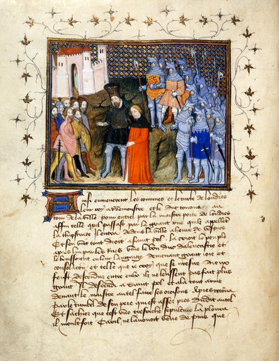 (Bütün folyo) Henry Bolingbroke tarafından Londra'ya esir alınan Kral II. Richard tahttan vazgeçer; aşağıdaki metinle süslenmiş kenarlık. by The Virgil Master