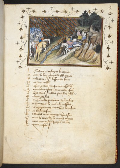 İrlanda reisi MacMorogh, Gloucester düküne yaklaşırken, MS Harley 1319, f.9r by The Virgil Master