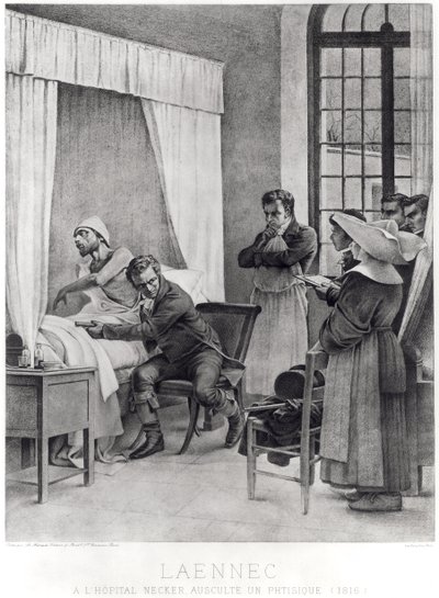 Rene Theophile Hyacinthe Laennec (1781-1826), sarhoş bir adamın göğsünü dinliyor, 1816 by Theobald Chartran