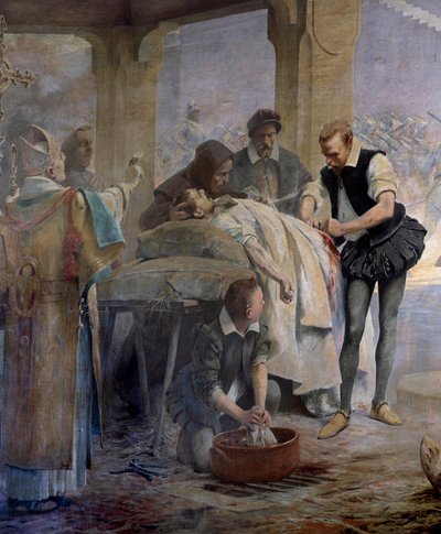 Doktor Ambroise Pare (1509-1590), 1553'te Charles V tarafından Metz kuşatması sırasında yaralanan bir sert çekiç üzerinde arterlerin bağlanmasını uygular. Detay. Theobald Chartran'ın (1849-1907) tablosu by Theobald Chartran