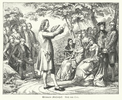 Muses Weimar Mahkemesi: Alman şair ve oyun yazarı Friedrich Schiller, Schloss Tiefurt'ta okuyor, dinleyenler arasında Christoph Martin Wieland, Johann Wolfgang Goethe ve Johann Gottfried Herder ile (gravür) by Theobald Reinhold von Oer
