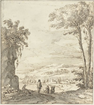 Bir kayanın yanında yürüyüşçüler ile İtalyan nehir manzarası by Theodoor Wilkens