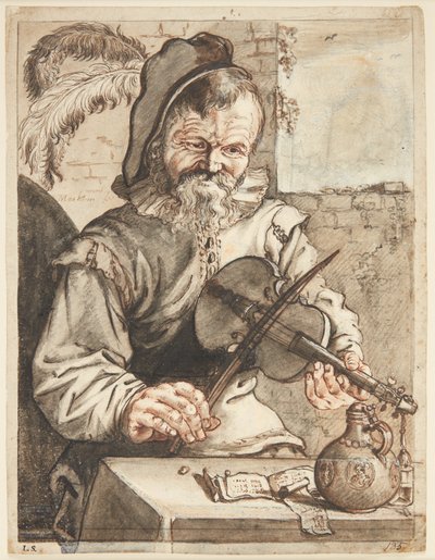Bir kemancı, yarım figürlü bir yüz, notlar, bir kutu ve bir bardakla bir masanın önünde oturuyor. by Theodor Matham