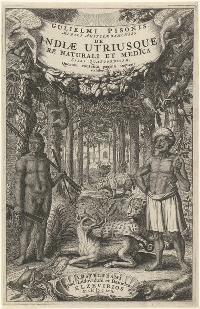 Bir ormanın önünde iki adam ve vahşi hayvanlar Başlık sayfası: Indiae Utriusque, 1658 by Theodor Matham