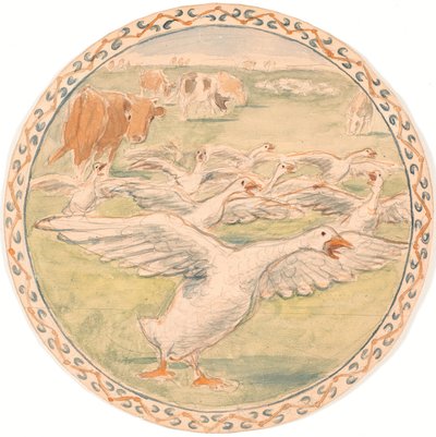 Otlayan inekler ve koşan kazlar (taslak seramik tabak) by Theodor Philipsen