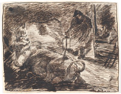 Akşamları yalancı inekler ve fenerli bir adamla istikrarlı iç mekan by Theodor Philipsen