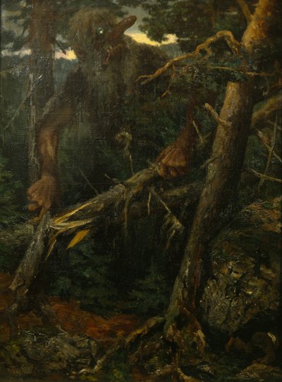 Ormandaki ağaçları kıran yaşlı trol by Theodor Kittelsen