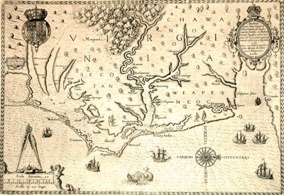 Theodore de Bry tarafından, Roanoke valisi İngiliz sömürgeci John White tarafından suluboyadan sonra oyulmuş 1590 haritası. Virginia ve nehrin ağzında küçük adalar ve Roanoke ile sahil. Secotan ve Weapemeoc yerli toprakları. by Theodor de Bry