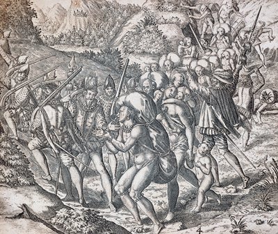Yerlilerin Sevilla'da köleliğe götürülmek üzere gemilere bindirilmesi, Theodor de Bry (1528-1598), Antiller tarafından gravür by Theodor de Bry
