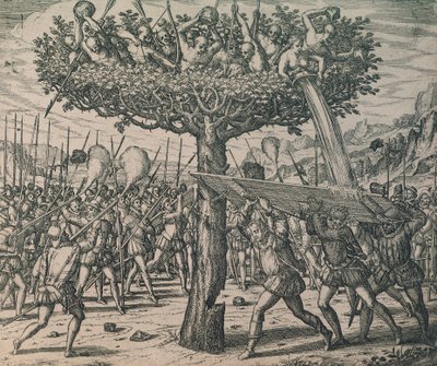 Fatihlere karşı savaşan ağaçlarda saklanan yerliler by Theodor de Bry
