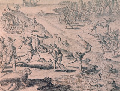 Kaşifler tarafından deniz aslanlarının katledilmesi by Theodor de Bry