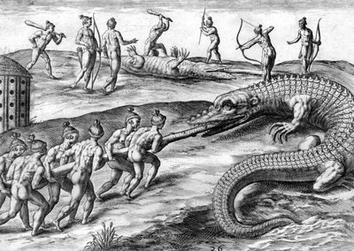 Timsah avlayan Timucuan yerlileri by Theodor de Bry