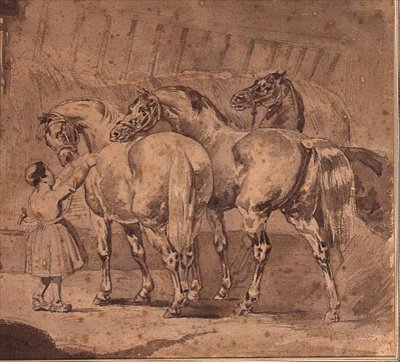 Küçük kız ahırda atları besliyor (kalem ve gri yıkama) by Theodore (attr. to) Gericault